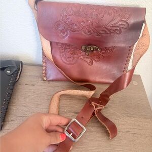 Hand-Tooled Leather Crossbody Bag in Rustic Red